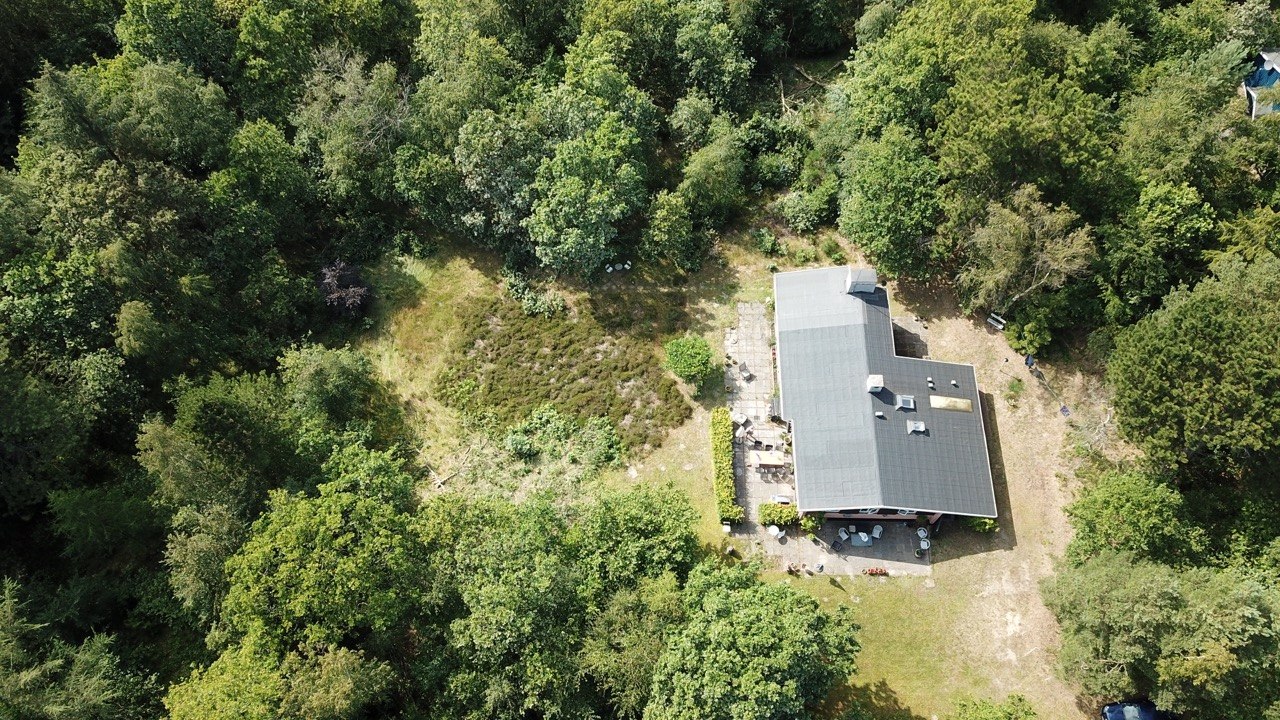 Luftfoto af sommerhus på privat grund omgivet af træer